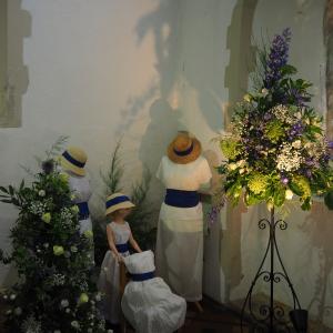 9 Girls in White Dresses with Blue Satin Sashes 